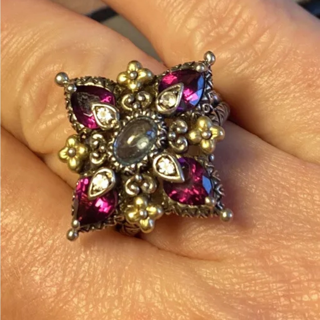 Barbara Bixby Ring Apatite Rose Garnet Topaz Flower Ring Size 7